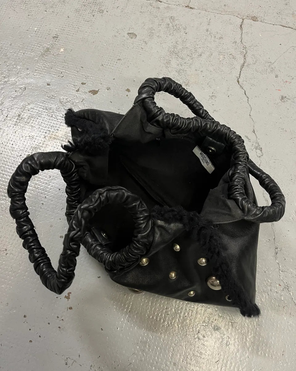 2000s Moschino Black Leather Studded Shoulder Bag wmxVplY 7