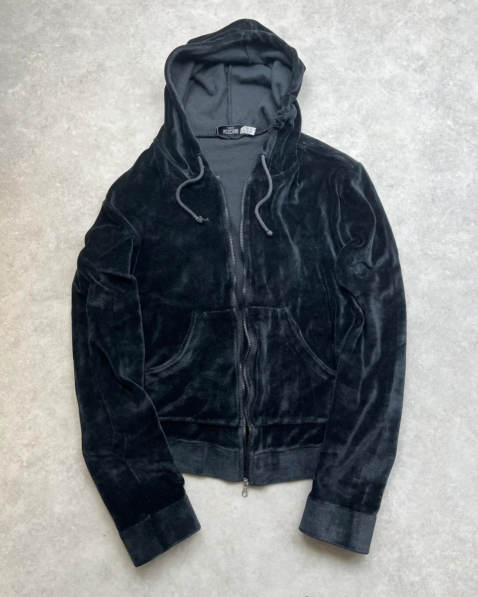 2000s Moschino Black Velvet Zip-Up Hoodie PJXWoPw 0