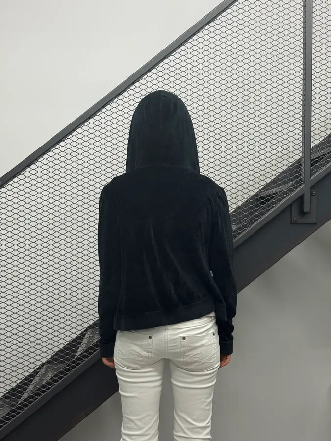 2000s Moschino Black Velvet Zip-Up Hoodie PJXWoPw 2