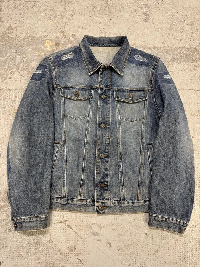 2000s Moschino Blue Distressed Denim Reinforced Jacket NILqClj 0