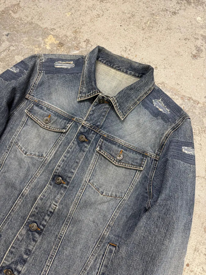 2000s Moschino Blue Distressed Denim Reinforced Jacket NILqClj 5