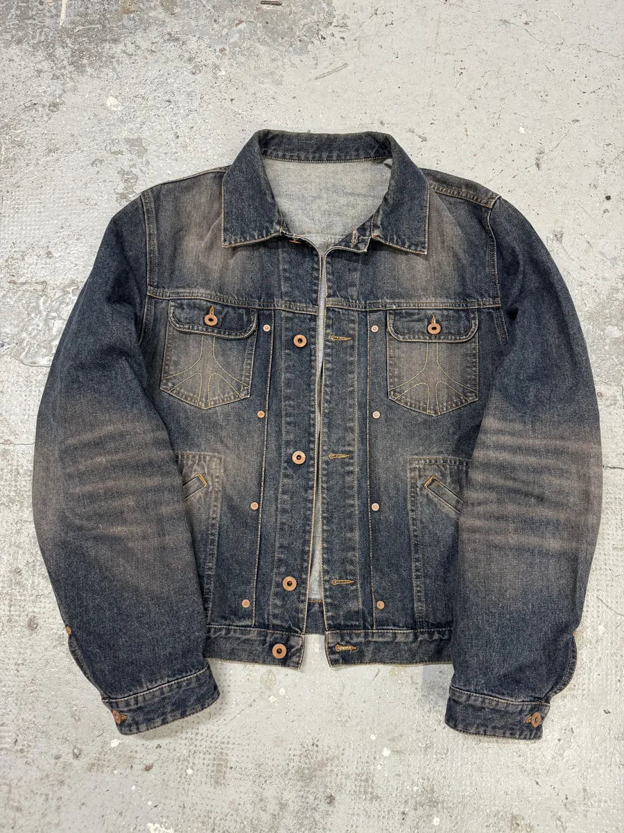 2000s Moschino Blue Faded Peace Denim Jacket (L) lqwyDqj 8