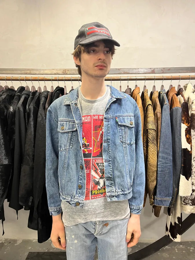 AW1994 Moschino Blue Painted Effect Rebel Denim Jacket kVeyMhi 1