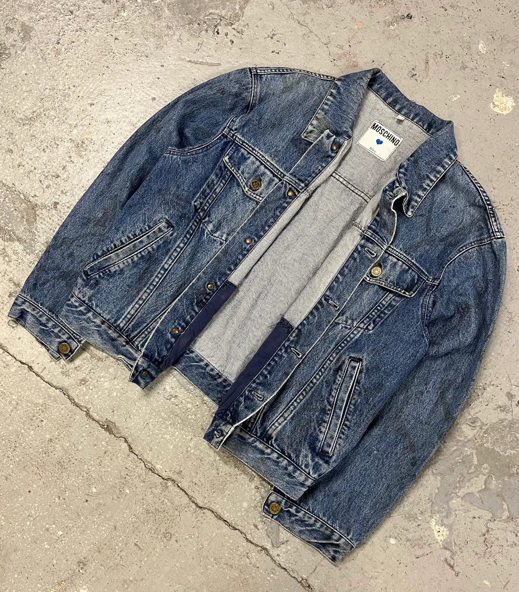 AW1994 Moschino Blue Painted Effect Rebel Denim Jacket kVeyMhi 4