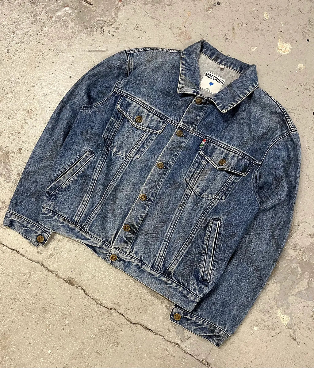 AW1994 Moschino Blue Painted Effect Rebel Denim Jacket kVeyMhi 5