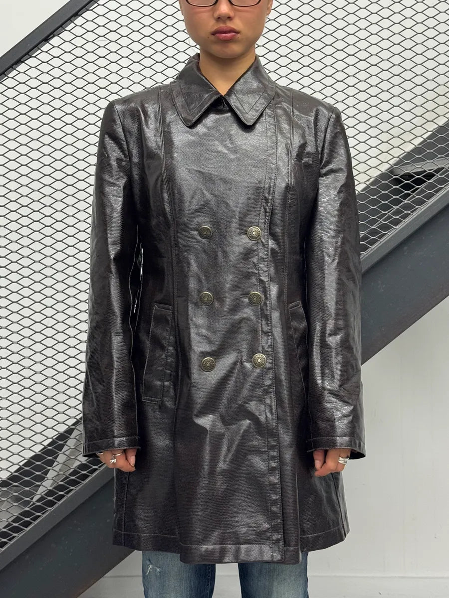 1990s Moschino Brown Lizard Effect Leather Double-Breasted Coat YTaMuIB 1