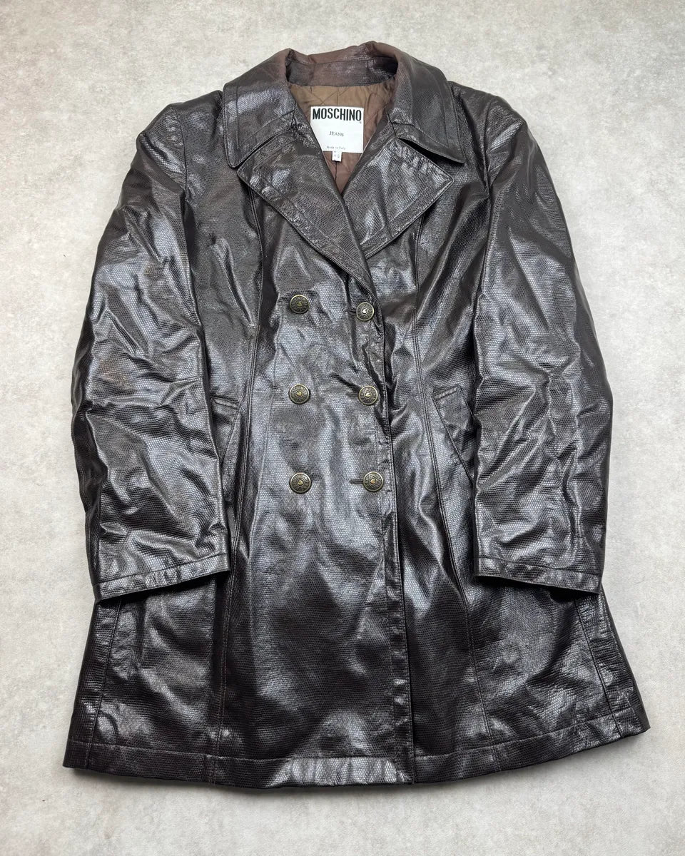 1990s Moschino Brown Lizard Effect Leather Double-Breasted Coat YTaMuIB 0