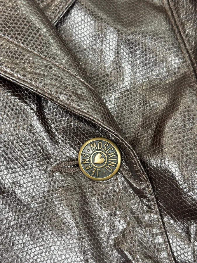 1990s Moschino Brown Lizard Effect Leather Double-Breasted Coat YTaMuIB 8
