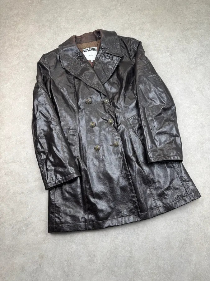1990s Moschino Brown Lizard Effect Leather Double-Breasted Coat YTaMuIB 4