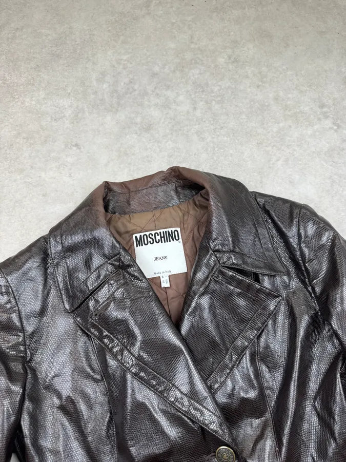 1990s Moschino Brown Lizard Effect Leather Double-Breasted Coat YTaMuIB 3