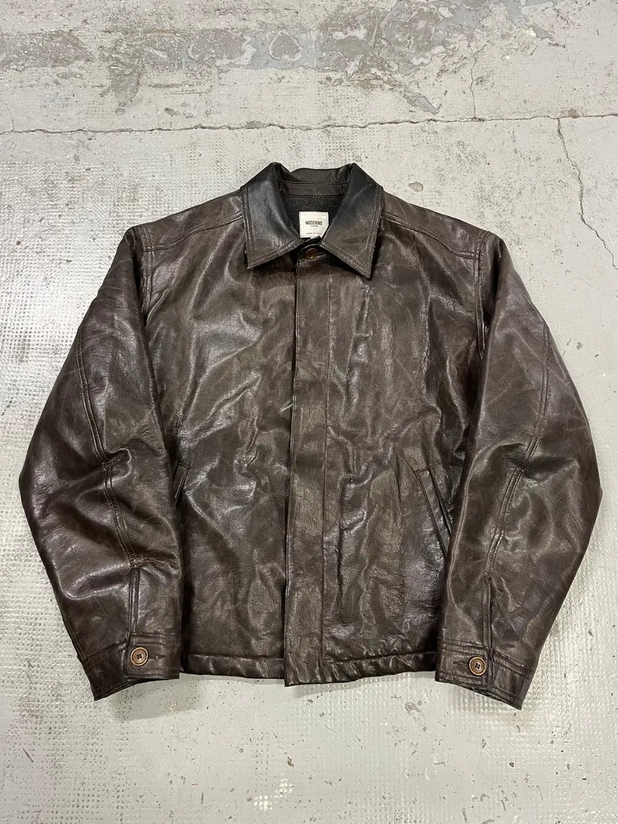 2000s Moschino Brown Eroded Leather Moto Jacket bNmhRCi 0