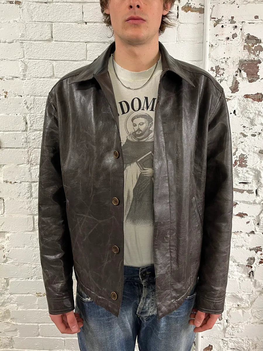 2000s Moschino Brown Eroded Leather Moto Jacket bNmhRCi 1