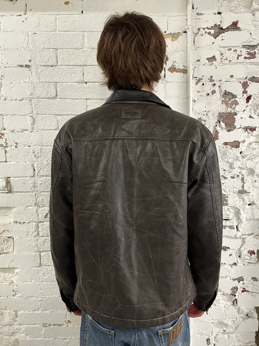2000s Moschino Brown Eroded Leather Moto Jacket bNmhRCi 2