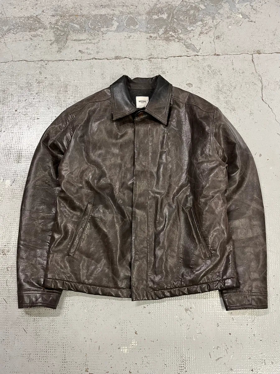 2000s Moschino Brown Eroded Leather Moto Jacket bNmhRCi 3