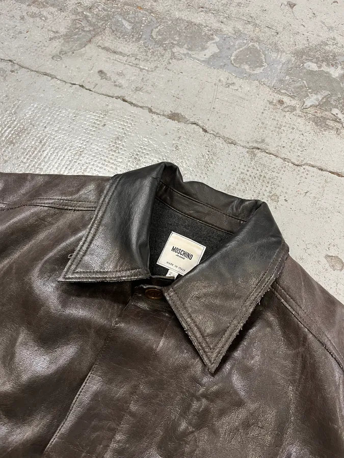 2000s Moschino Brown Eroded Leather Moto Jacket bNmhRCi 4