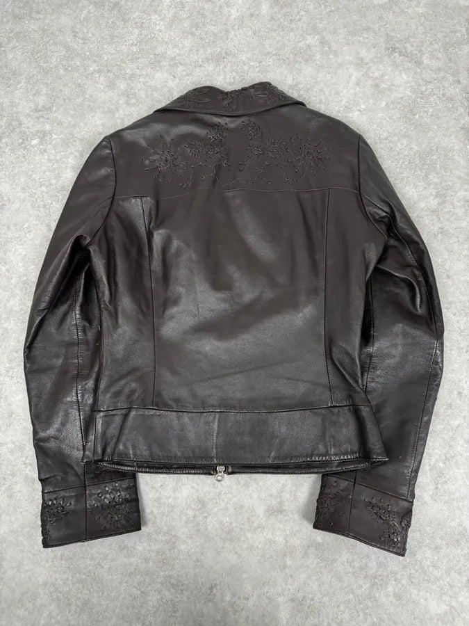 2000s Moschino Brown Flowers Embroidery Leather Jacket GaujgSb 3