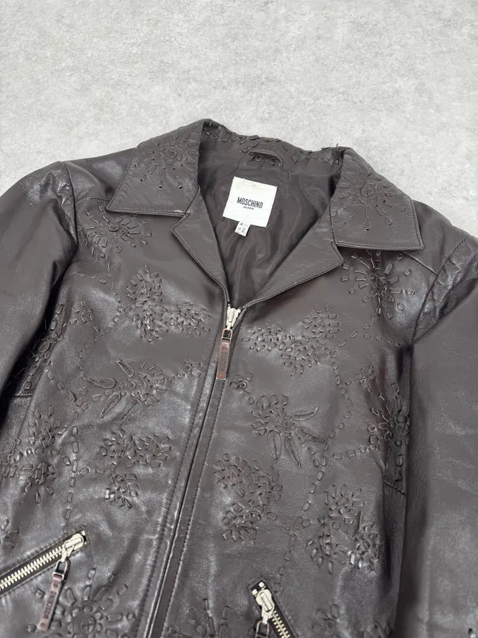 2000s Moschino Brown Flowers Embroidery Leather Jacket GaujgSb 4