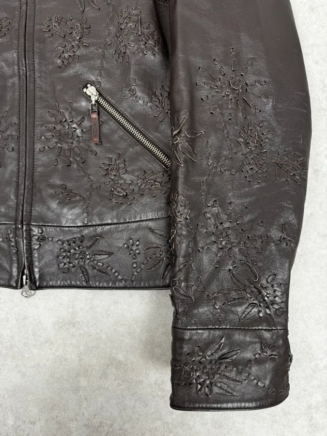2000s Moschino Brown Flowers Embroidery Leather Jacket GaujgSb 7