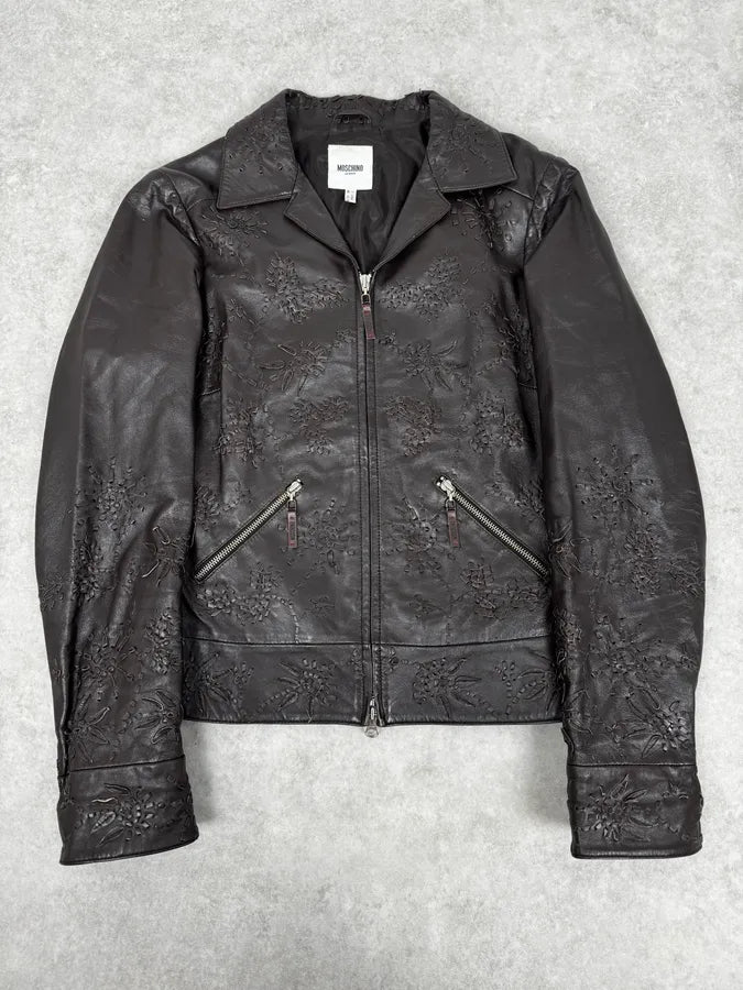 2000s Moschino Brown Flowers Embroidery Leather Jacket GaujgSb 0