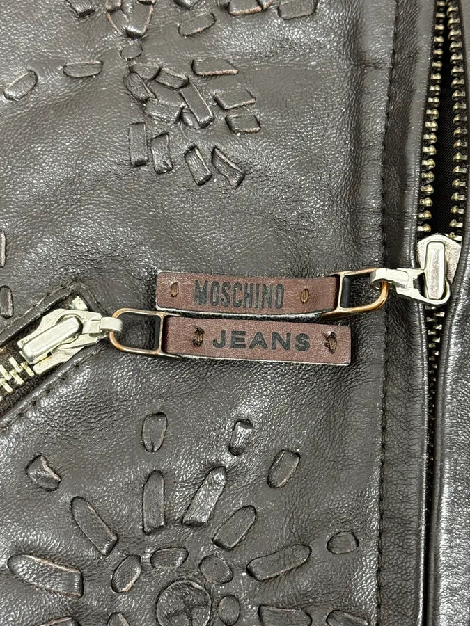 2000s Moschino Brown Flowers Embroidery Leather Jacket GaujgSb 9