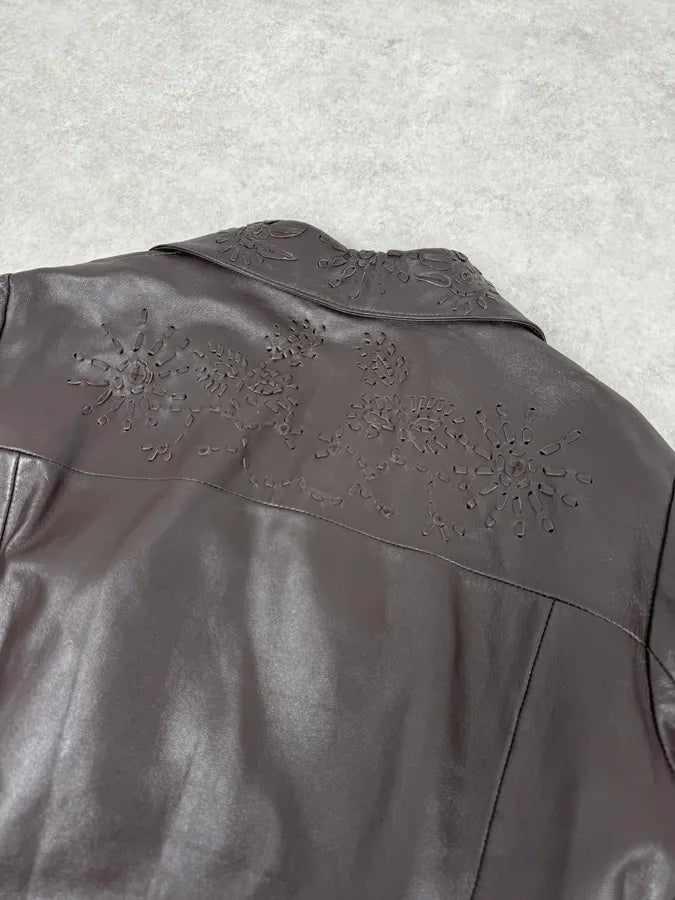 2000s Moschino Brown Flowers Embroidery Leather Jacket GaujgSb 5