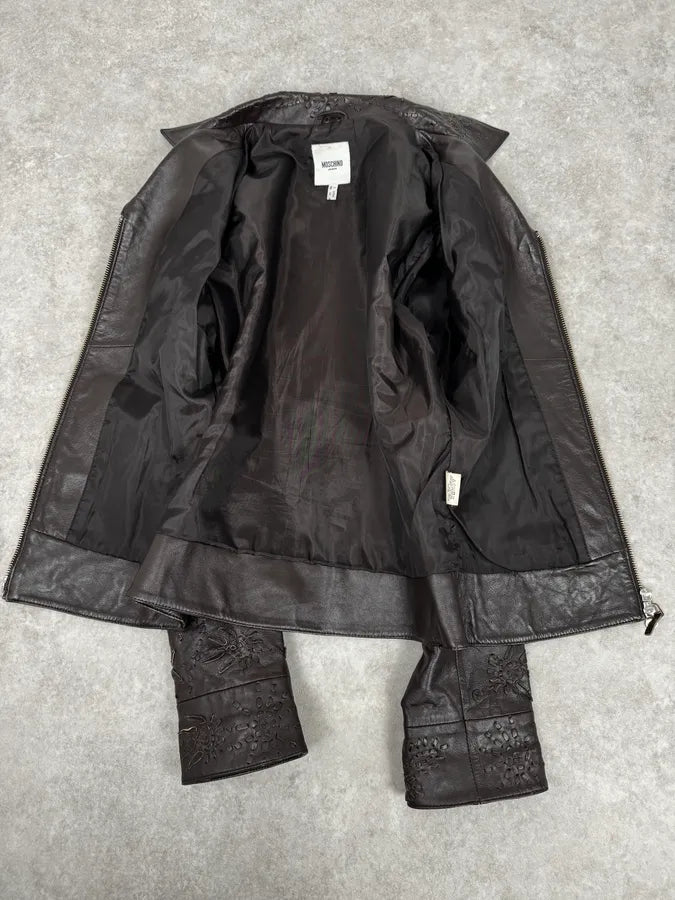 2000s Moschino Brown Flowers Embroidery Leather Jacket GaujgSb 6