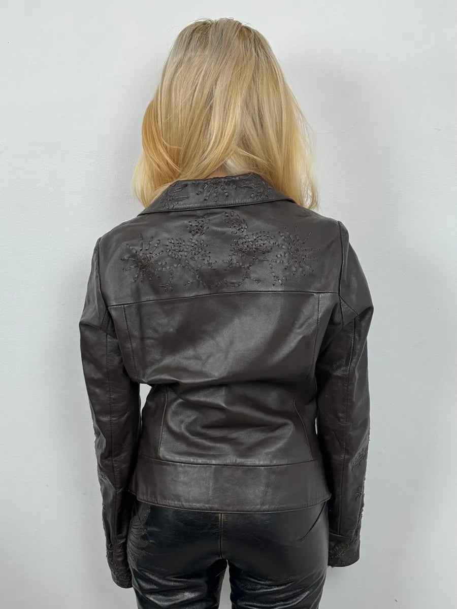 2000s Moschino Brown Flowers Embroidery Leather Jacket GaujgSb 2