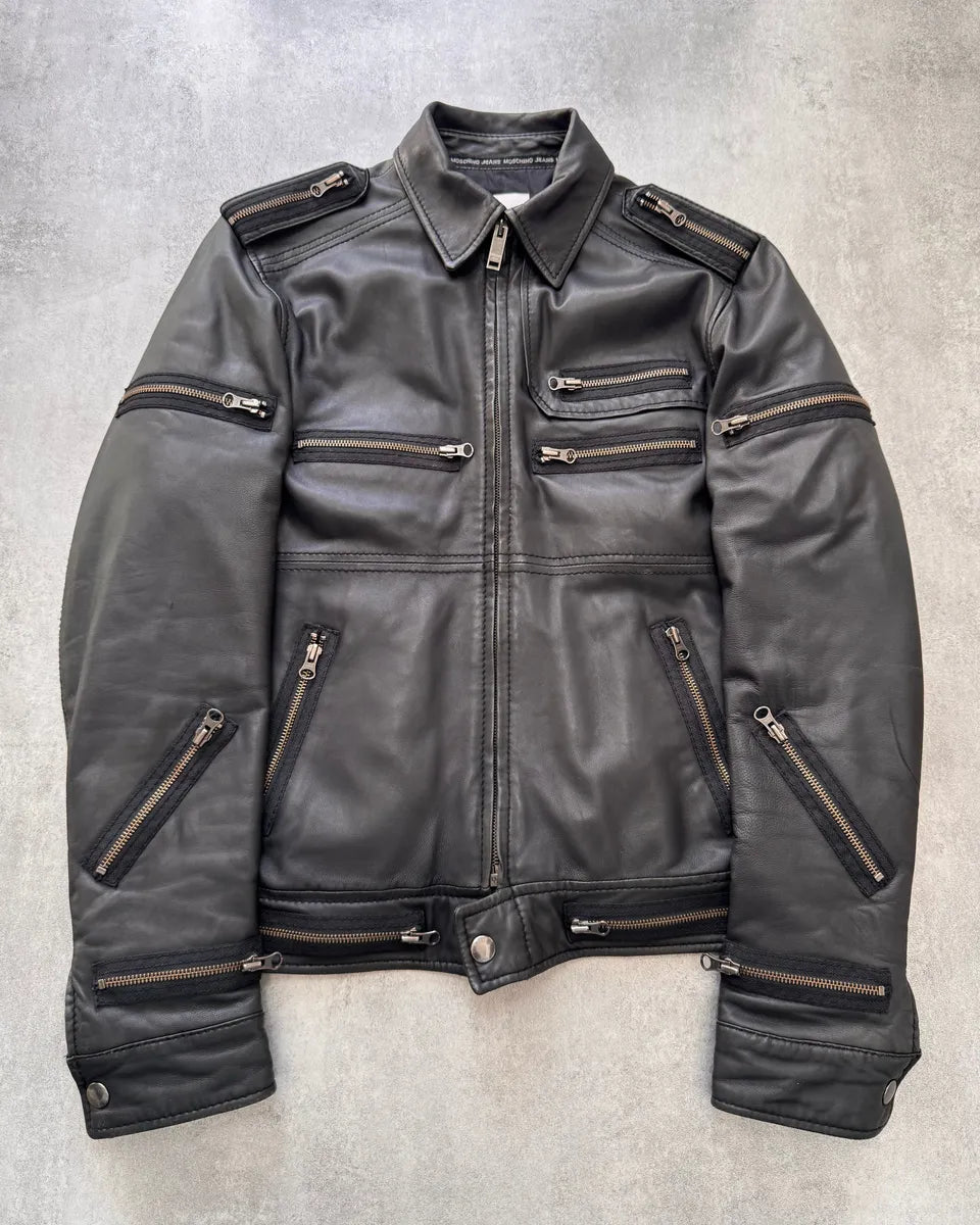 2000s Moschino Circular Zip Elevation Leather Jacket TgufcdD 1