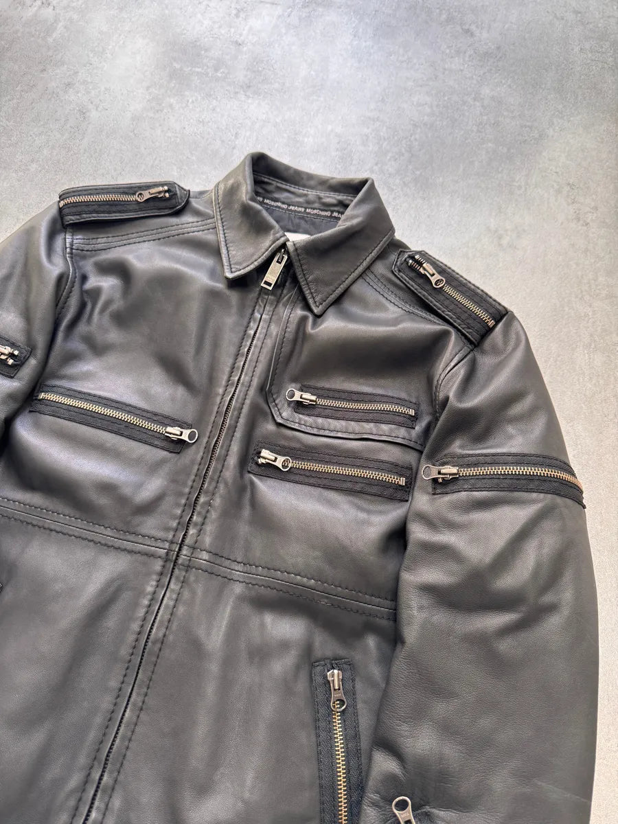 2000s Moschino Circular Zip Elevation Leather Jacket TgufcdD 3