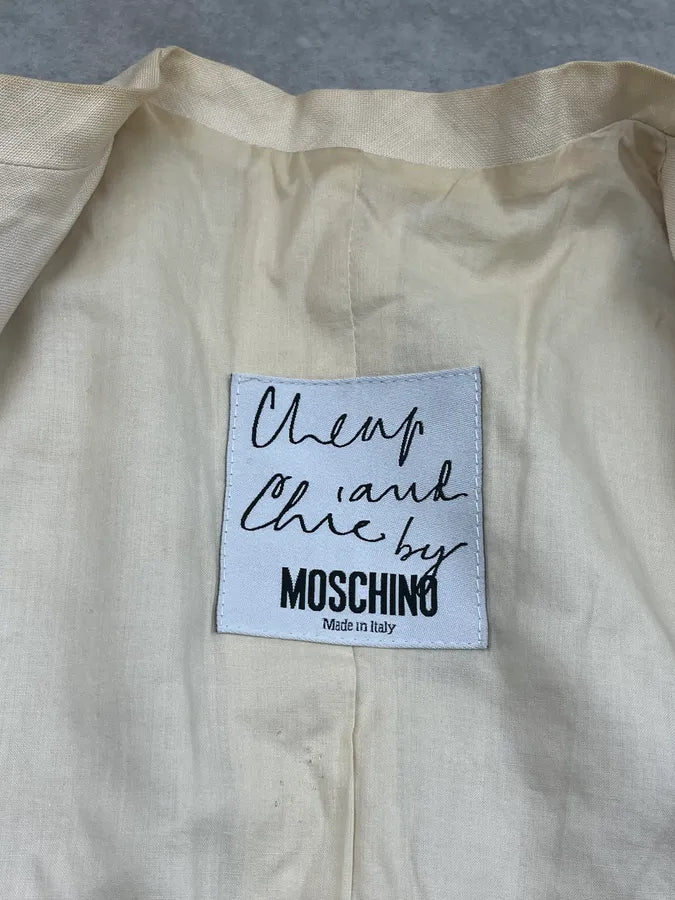 2000s Moschino Cream Linen Embroidered Long Buttoned Jacket HeiqJmP 7