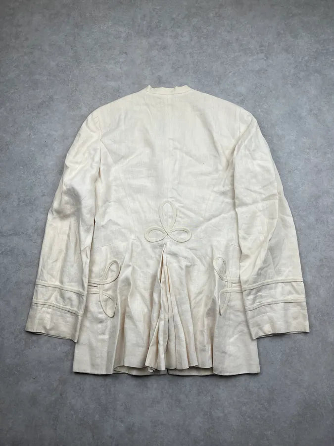 2000s Moschino Cream Linen Embroidered Long Buttoned Jacket HeiqJmP 4