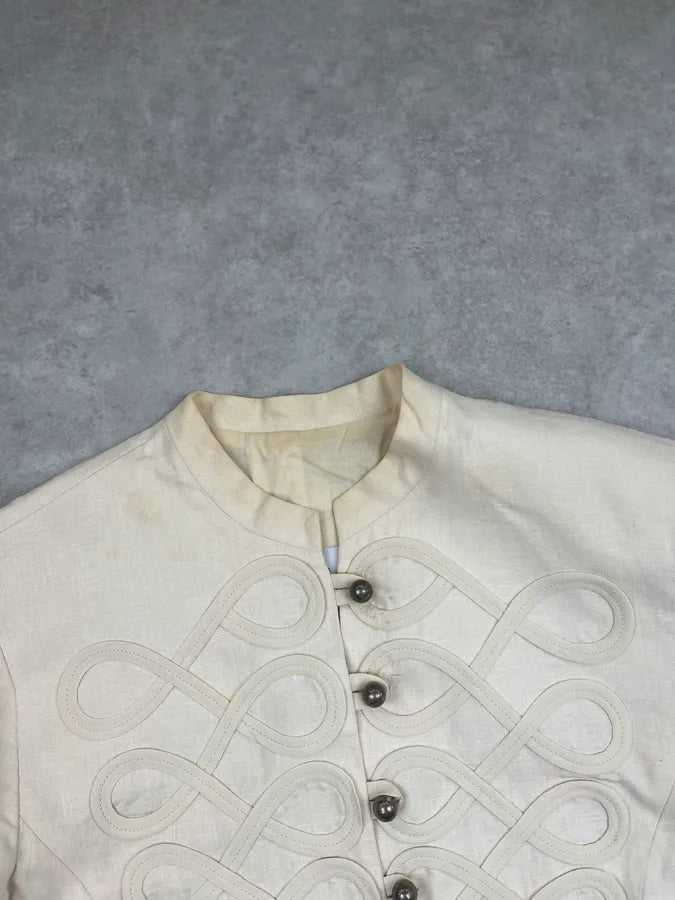 2000s Moschino Cream Linen Embroidered Long Buttoned Jacket HeiqJmP 3