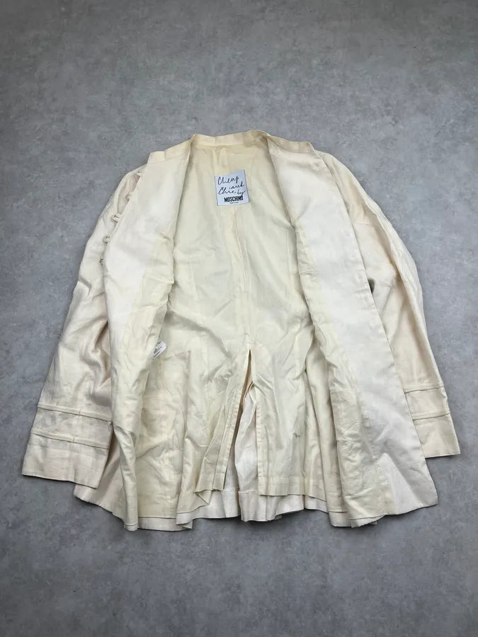 2000s Moschino Cream Linen Embroidered Long Buttoned Jacket HeiqJmP 6