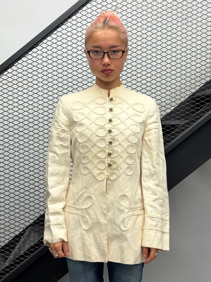2000s Moschino Cream Linen Embroidered Long Buttoned Jacket HeiqJmP 0