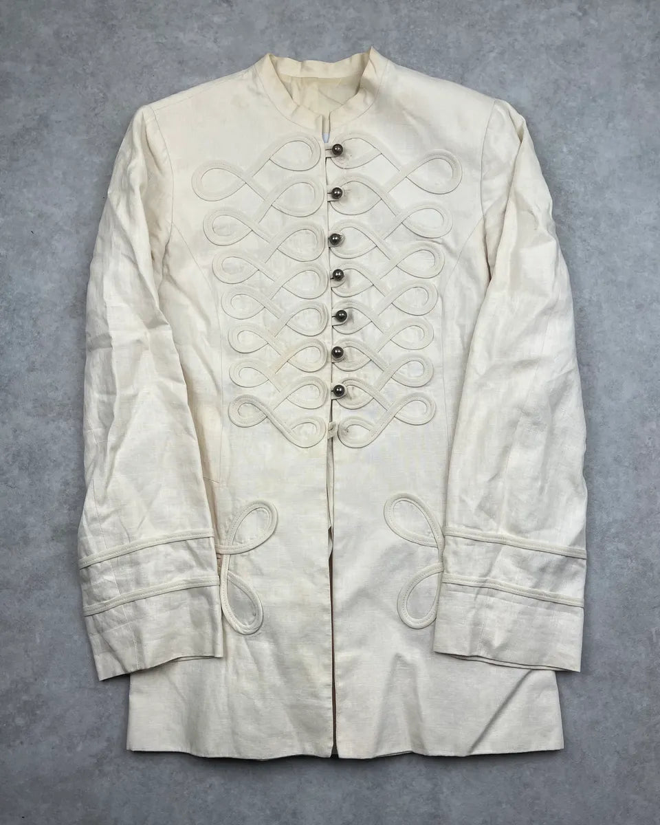 2000s Moschino Cream Linen Embroidered Long Buttoned Jacket HeiqJmP 2