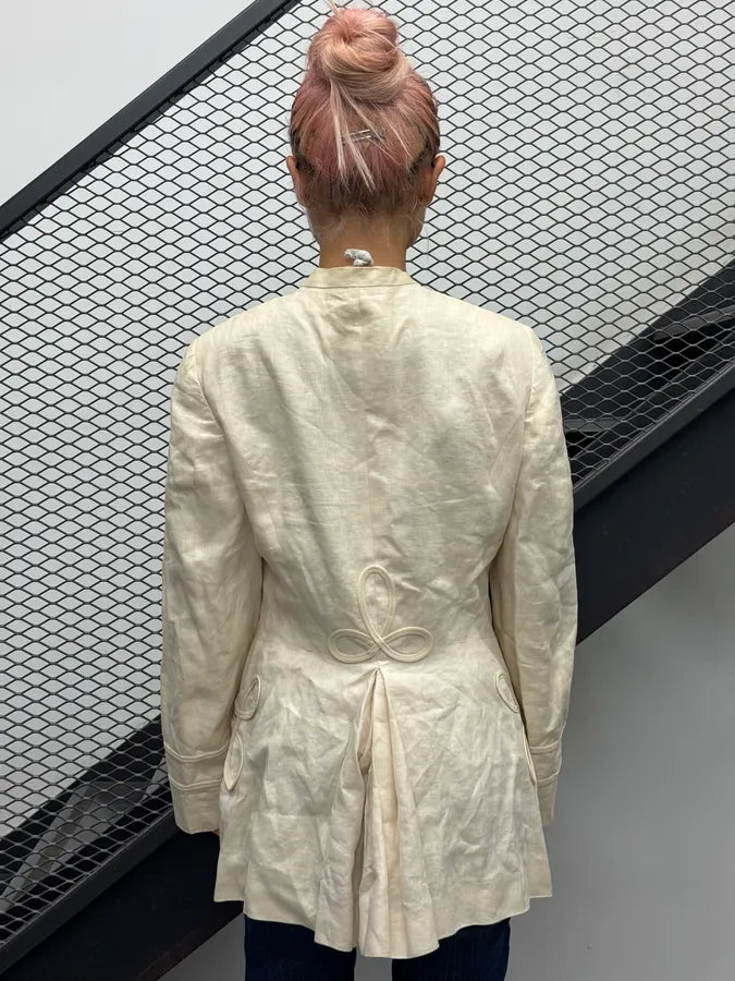 2000s Moschino Cream Linen Embroidered Long Buttoned Jacket HeiqJmP 1