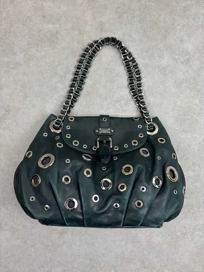 2000s Moschino Dark Green Leather Eyelet Handle Bag HLfShLs 0