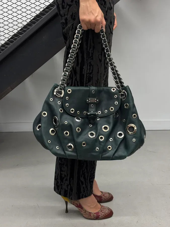 2000s Moschino Dark Green Leather Eyelet Handle Bag HLfShLs 1