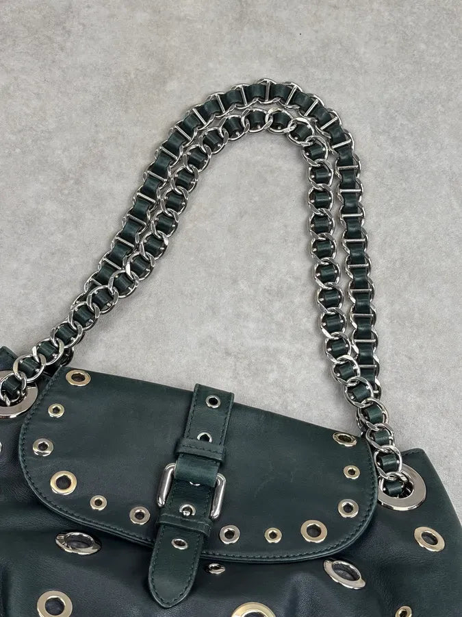 2000s Moschino Dark Green Leather Eyelet Handle Bag HLfShLs 10