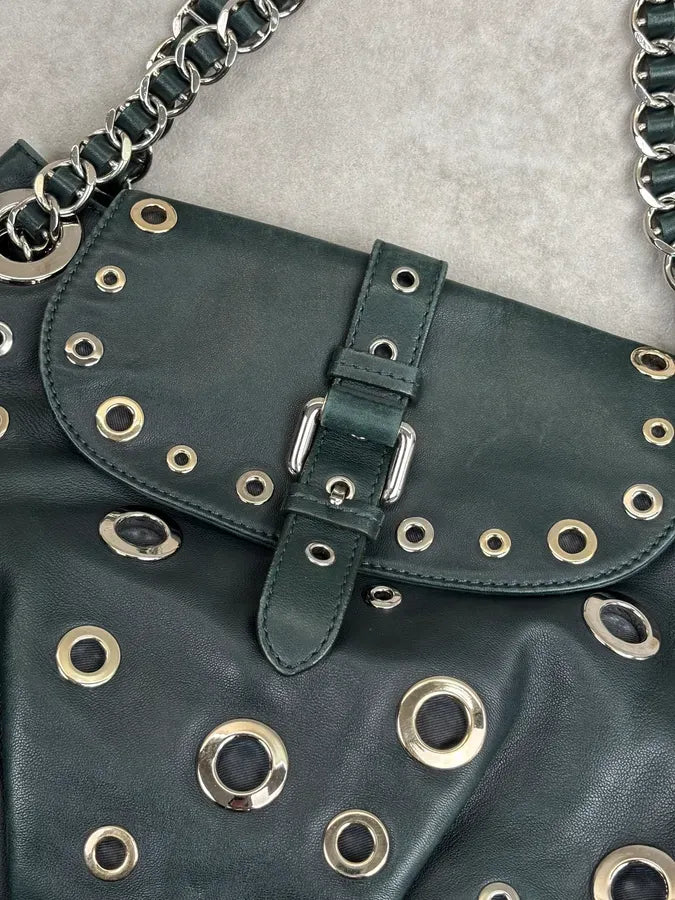 2000s Moschino Dark Green Leather Eyelet Handle Bag HLfShLs 11
