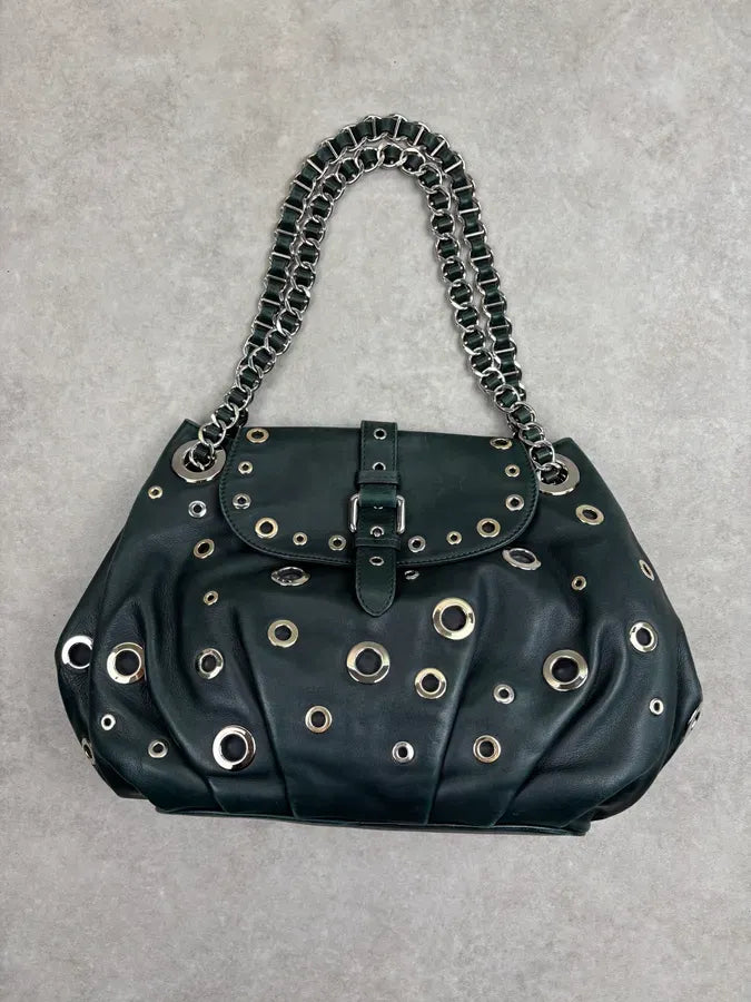 2000s Moschino Dark Green Leather Eyelet Handle Bag HLfShLs 12