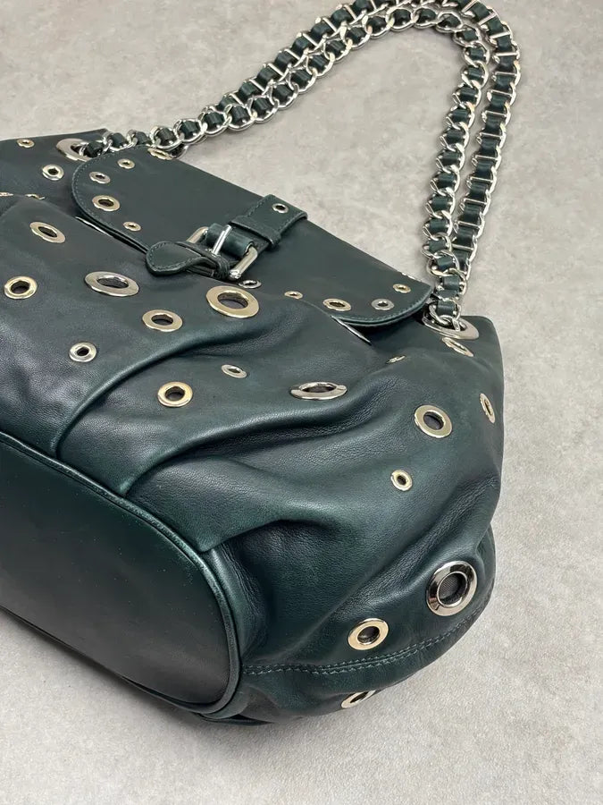 2000s Moschino Dark Green Leather Eyelet Handle Bag HLfShLs 13