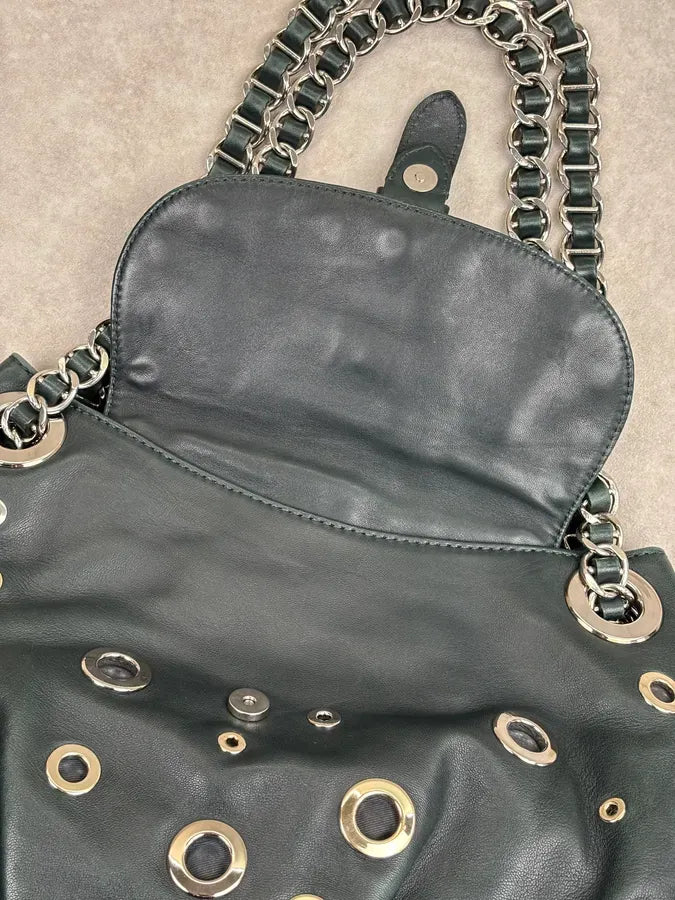 2000s Moschino Dark Green Leather Eyelet Handle Bag HLfShLs 14