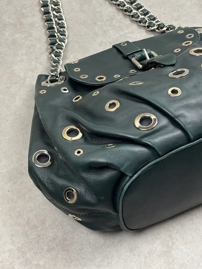 2000s Moschino Dark Green Leather Eyelet Handle Bag HLfShLs 15