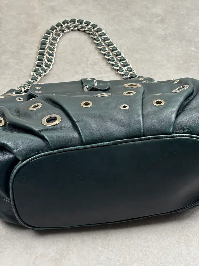 2000s Moschino Dark Green Leather Eyelet Handle Bag HLfShLs 16