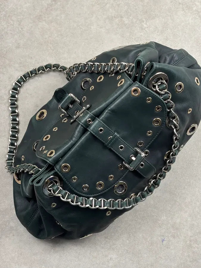 2000s Moschino Dark Green Leather Eyelet Handle Bag HLfShLs 17