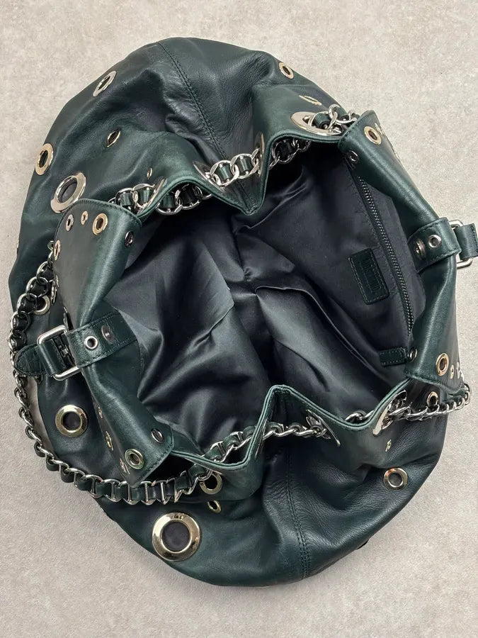 2000s Moschino Dark Green Leather Eyelet Handle Bag HLfShLs 18