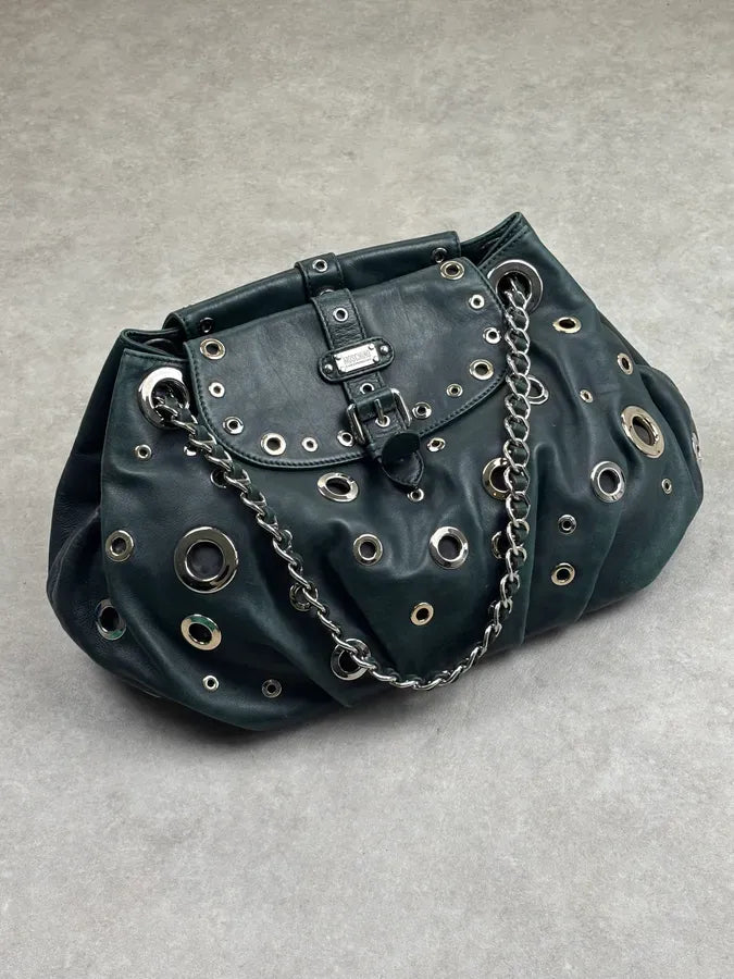 2000s Moschino Dark Green Leather Eyelet Handle Bag HLfShLs 2