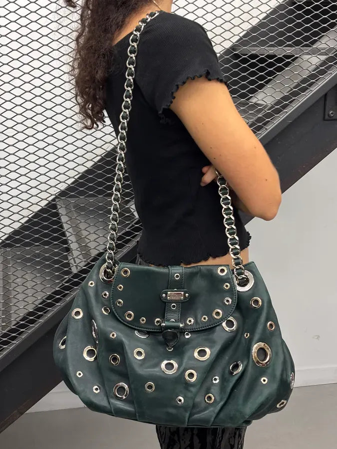 2000s Moschino Dark Green Leather Eyelet Handle Bag HLfShLs 3