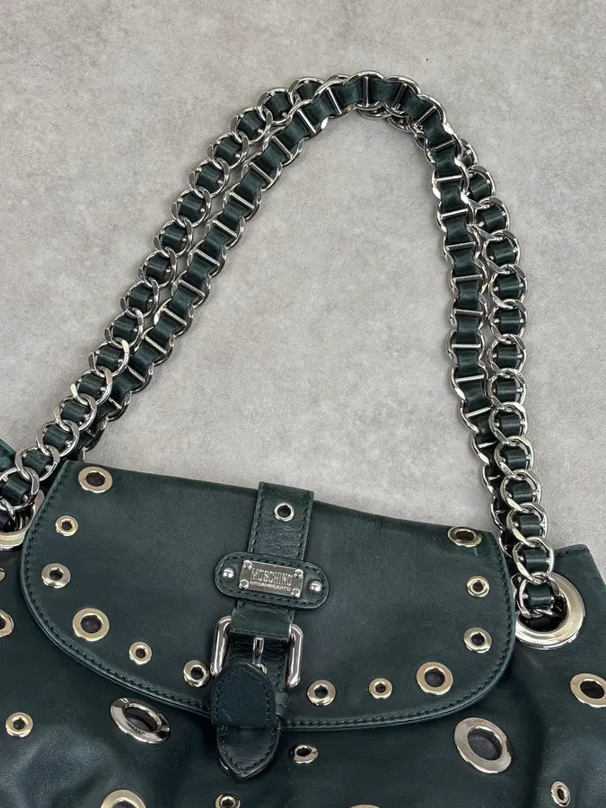 2000s Moschino Dark Green Leather Eyelet Handle Bag HLfShLs 4